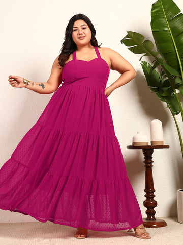 Magenta Georgette Dobby Strappy Tiered Womens Plus Size Dress