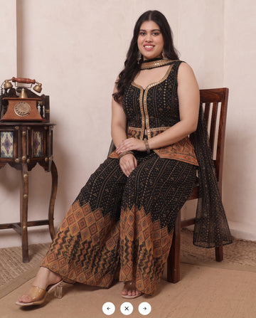 Black Bandhani Corset Top & Palazzo With Dupatta Women's Plus Size 3 Piece Set