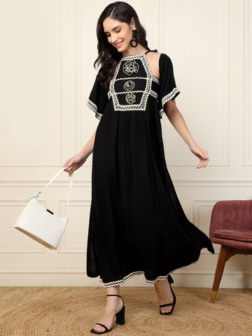 Black Halter Neck A-Line Bell Sleeve Women Dress