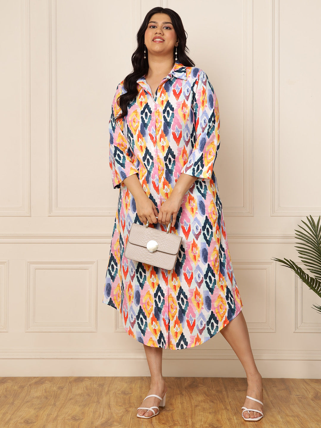 Women's Plus Size Multicolour Ikkat Print Shirt Dress