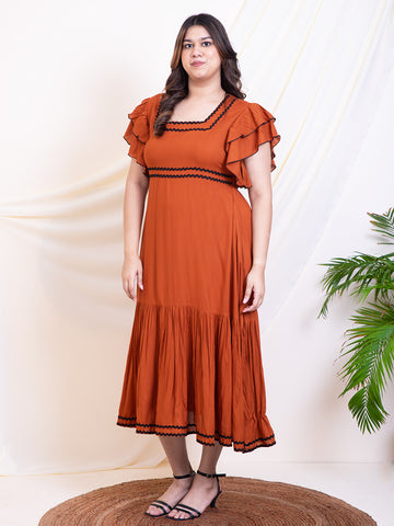 Women's Plus Size Tan Brown Squared Neck Women Ankle Length Dress