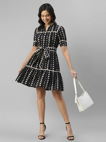 Black Rayon Polka Dots Tiered Women's Dress