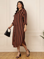 Women's Plus Size Black Multicolour Striped Printed Shirt Dress