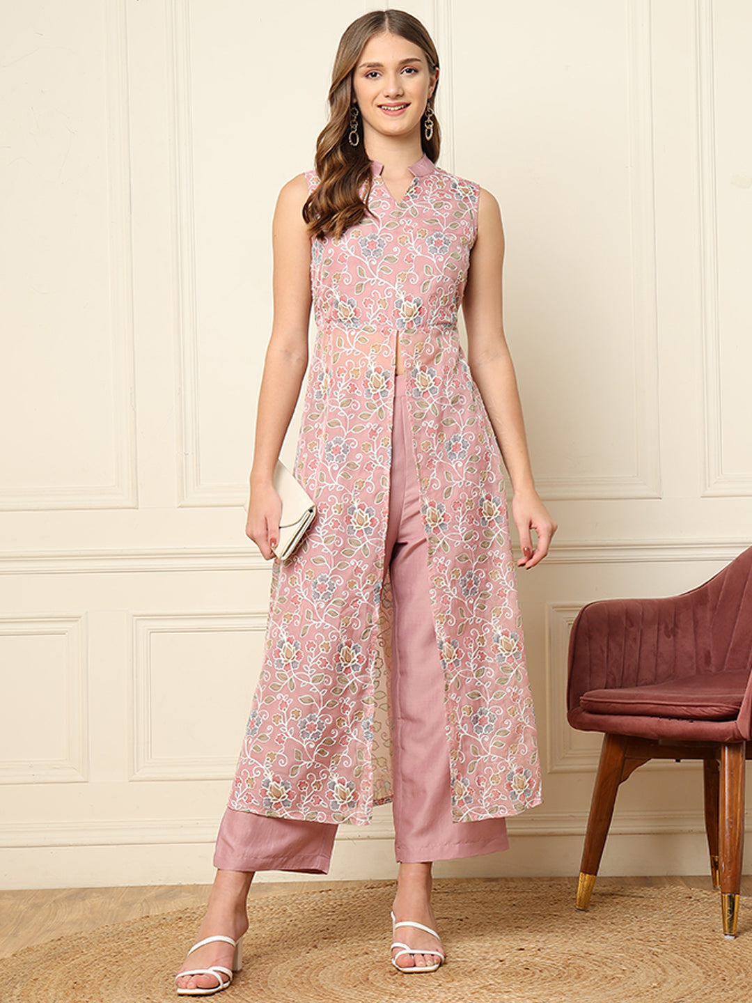 Peach Embroidered Indo Western Women Co-Ord Sets