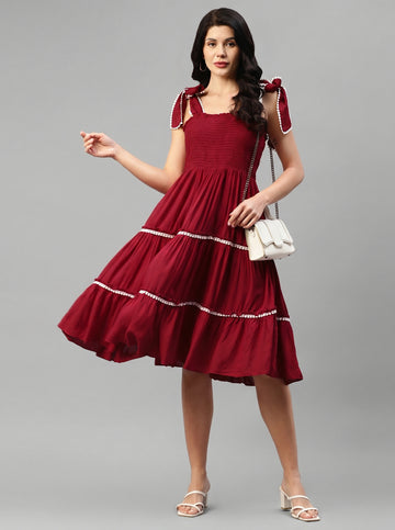 Maroon Solid Rayon Tiered Women's Dress
