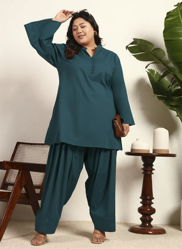 Teal Cotton Flex Solid Mandarin Collar Kurta With Salwar Pant Women Plus Size Co-Ord Set