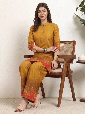 Mustard Tie Dye Polyester Kurta With Slit Pant Women Co-Ord Set