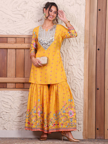Embroidered With Ethnic Printed Kurti & Sharara Indo Western Women Co-ord Set