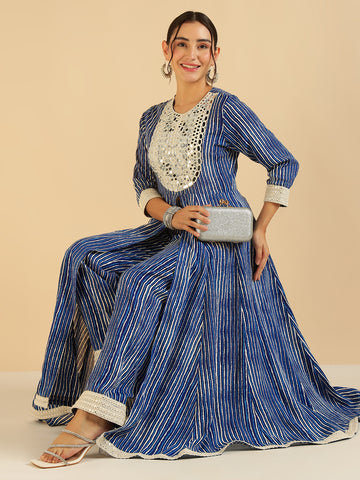 Blue Stripe Embroidered Tunic & Palazzo Fusion Women Co-Ord Set