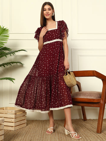 WINE FLORAL PRINTED TIERED ANKLE LENGTH WOMEN DRESS