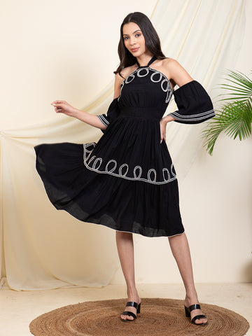 Black Halter Neck Tiered Dress For Women