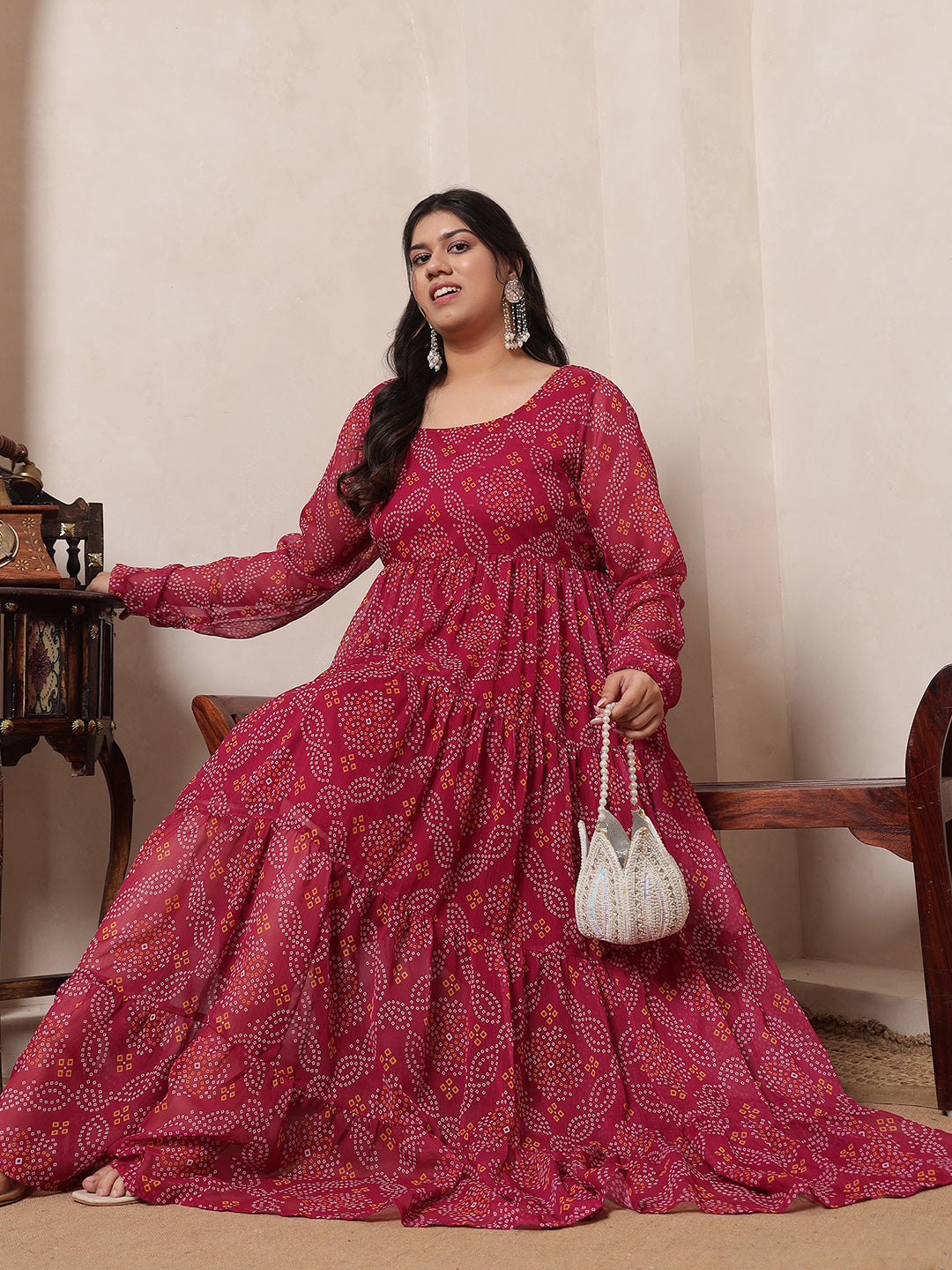 Magenta Bandhani Print Women Ethnic Tiered Plus Size Maxi Kurta For Women