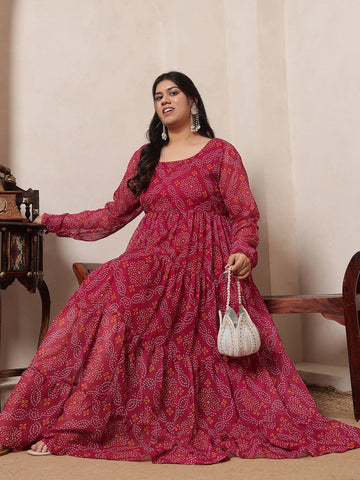 Magenta Bandhani Print Women Ethnic Tiered Plus Size Maxi Kurta For Women
