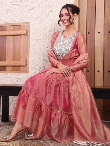 Indo Western Embroidered Peach Shimmer Tissue Tiered Maxi Kurta With Dupatta
