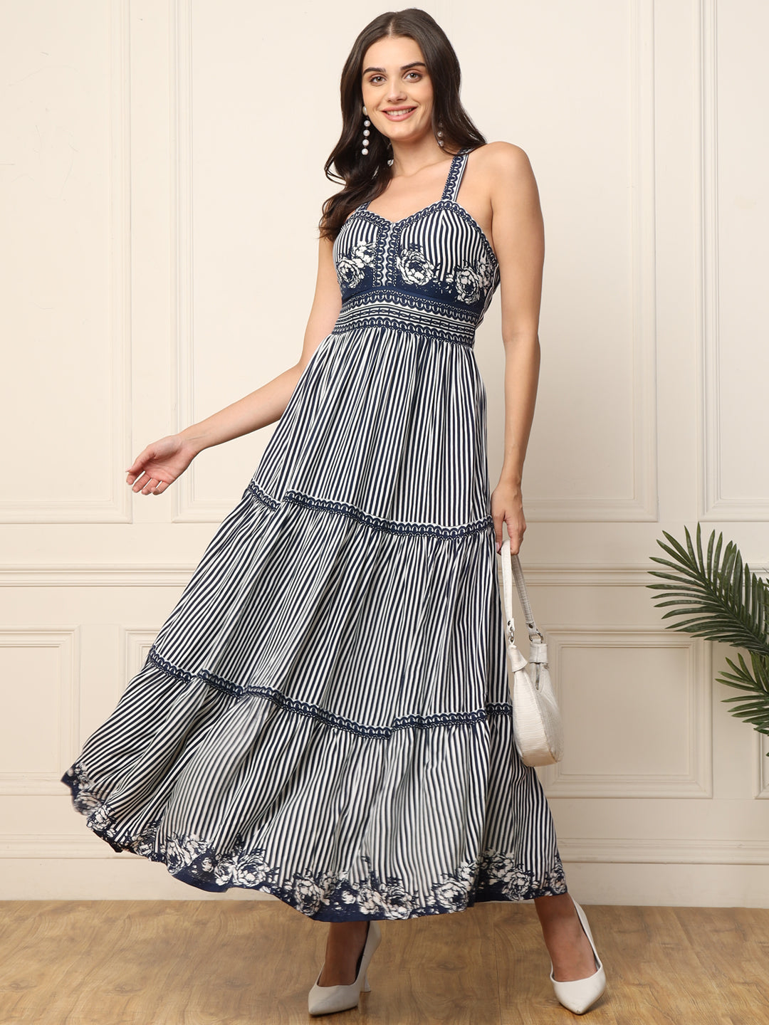 Blue Striped With Border Printed Women Tiered Maxi Dress