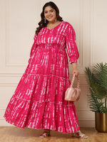 Women's Plus Size Magenta Tie & Dye Maxi Tiered Dress