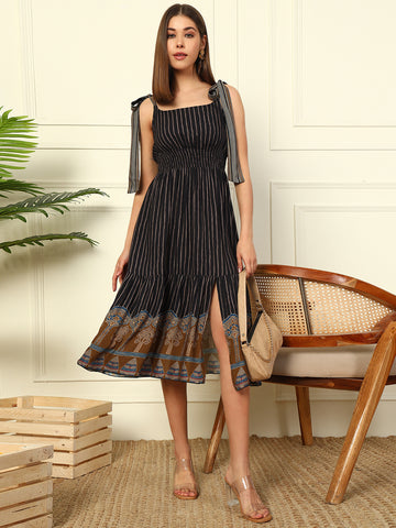 BLACK STRIPED TIERED CALF LENGTH WOMEN DRESS