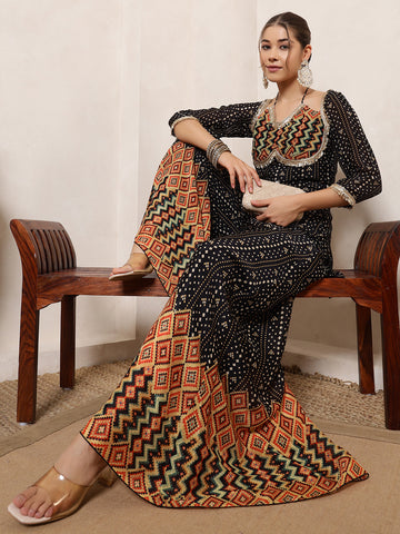 Black Halter Neck Bandhani Printed Kurta With Palazzo Indo Western Women Co-Ord Set