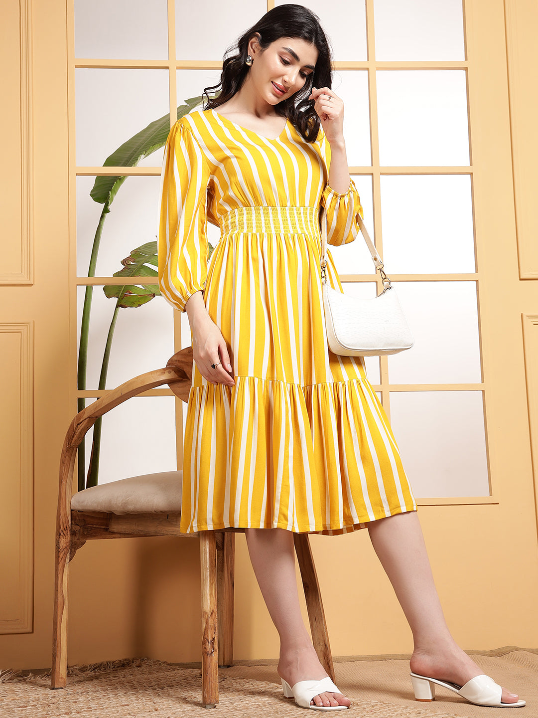 Yellow Striped Tiered Women's Dress