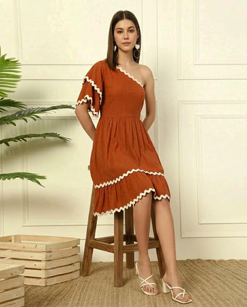 Tan Brown Rayon One Shoulder Tiered Layered Women Dress