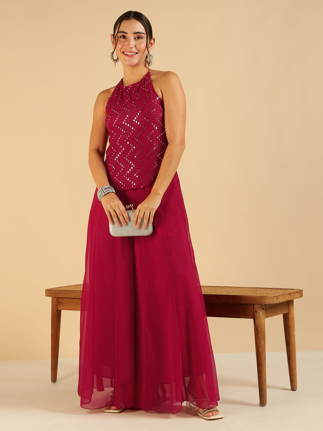 Fuchsia Embroidered Top With Sharara Fusion Women Co-Ord Set