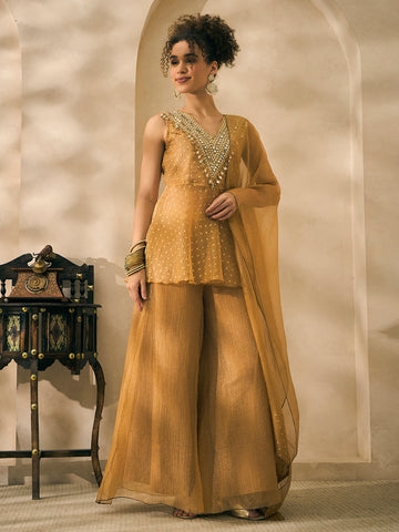 Shimmer Golden Butti Work Peplum Top And Palazzo With Dupatta Indo Western Women 3 Piece Set