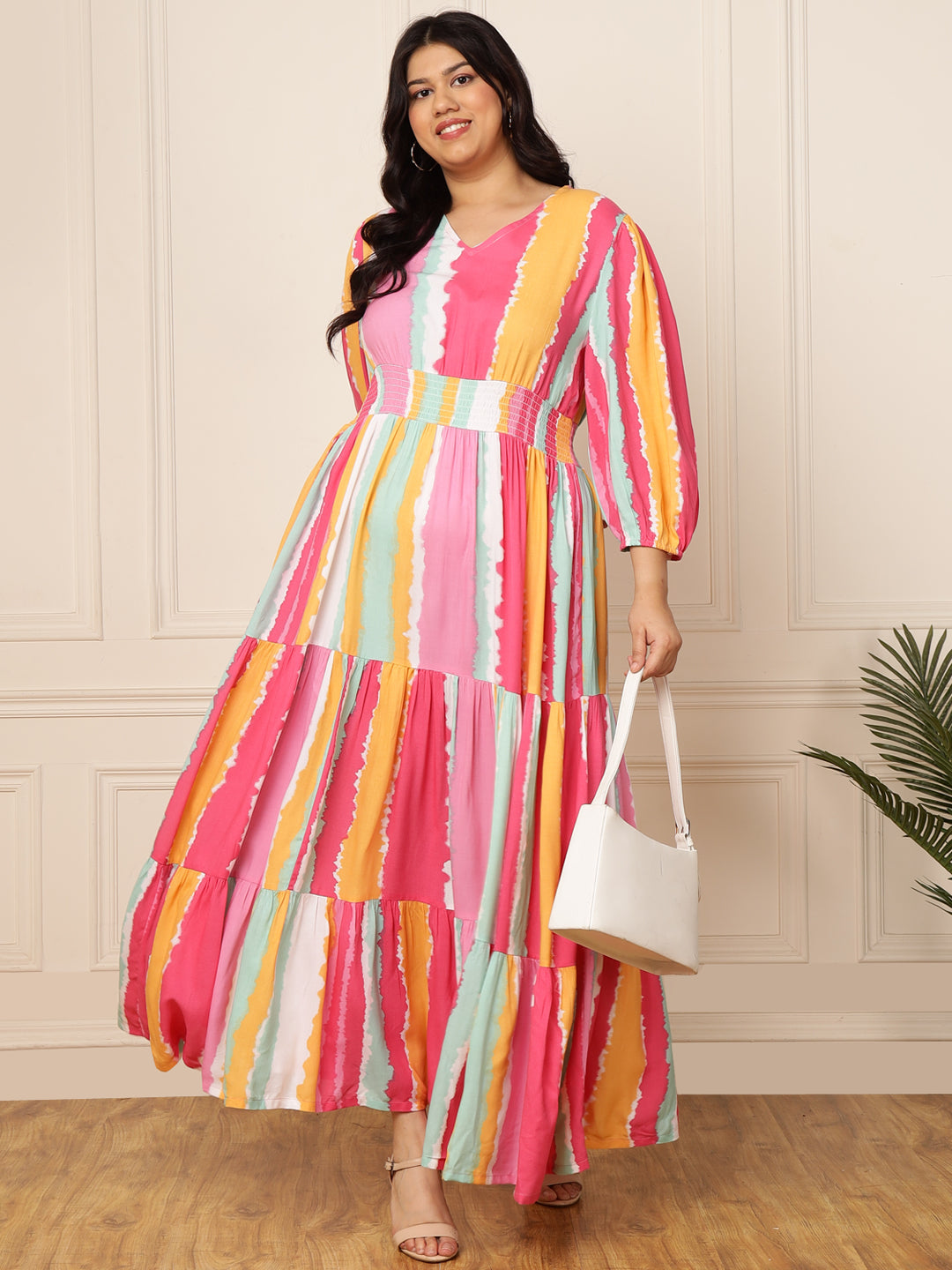 Women's Plus Size Multi Striped Tiered Maxi Dress
