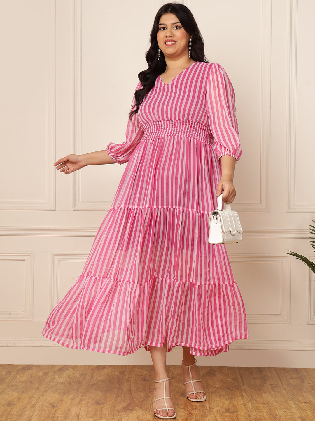 Women's Plus Size Pink Striped Tiered Maxi Dress