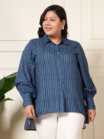 Blue Striped High Low Women Plus Size Shirt