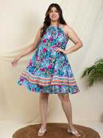 Tropical Halter Neck Tiered Short Women Plus Size Dress
