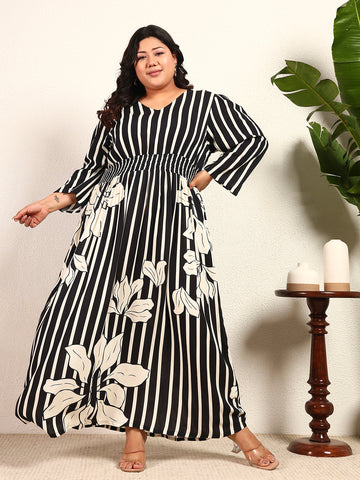 Black Viscose Rayon Striped With Placement Print A-Line Smocked Womens Plus Size Dress