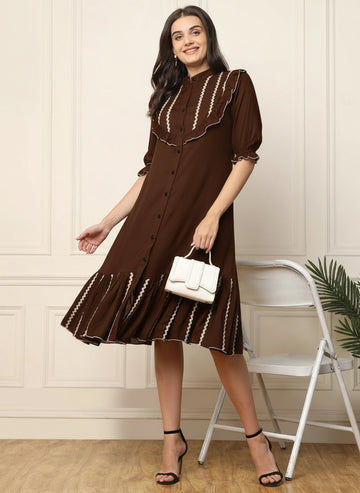 Brown With Yoke Designed Tiered Women Shirt Dress