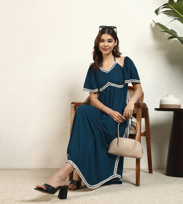 Teal Viscose Rayon Solid A Line Slit Womens Dress