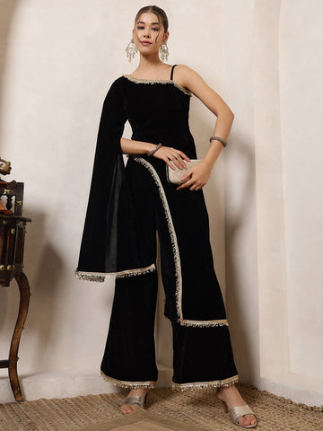 Black Velvet One Shoulder Tunic With Palazzo Indo Western Women Co-Ord Set