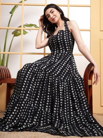 Black Polka Halter Neck Tiered Women's Plus Size Maxi Dress