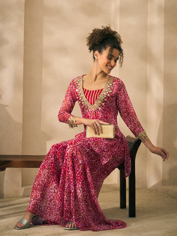 Magenta Abstract Print Chiffon Deep Neck Kurta With Palazzo And Bustier Indo Western Women 3 Piece Set