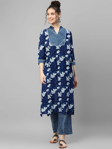 Indigo Floral Print Straight Kurta Pants