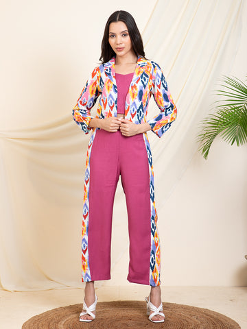 Ikkat Printed Blazer Inner Top With Pant Women Set