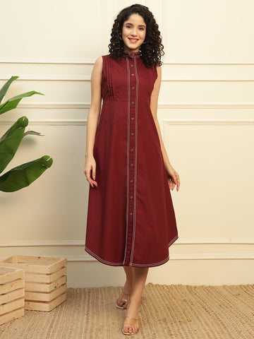 Chambray Wine Cotton Tucks Women Shirt Dress