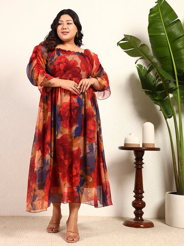 Multicolour Chiffon Floral A-Line Maxi Womens Plus Size Dress