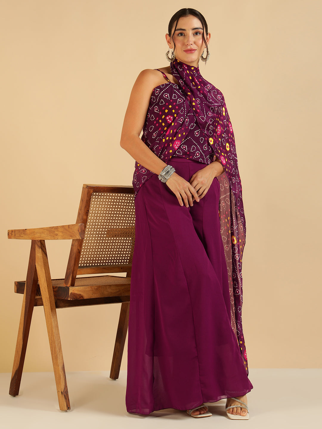 Wine Bandhani Printed Strappy Top With Sharara Saree Fusion Women Co-Ord Set