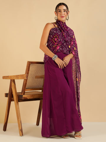 Wine Bandhani Printed Strappy Top With Sharara Saree Fusion Women Co-Ord Set