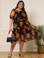 Women's Plus Size Black Floral Printed Women Tiered Dress