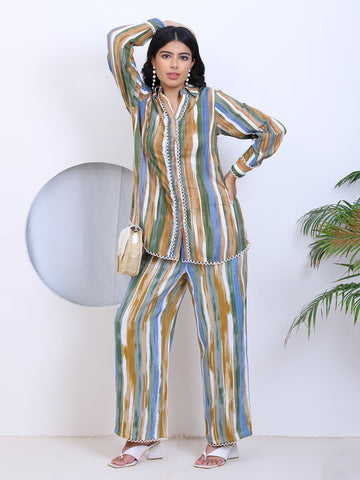 Green MultiColor Striped Ethnic Women Co-Ord Set