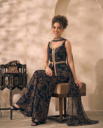 Black Abstract Printed Chiffon Corset Top & Palazzo With Dupatta Women 3 Piece Set
