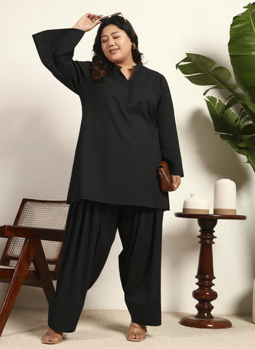 Black Cotton Flex Solid Mandarin Collar Kurta With Salwar Pant Women Plus Size Co-Ord Set