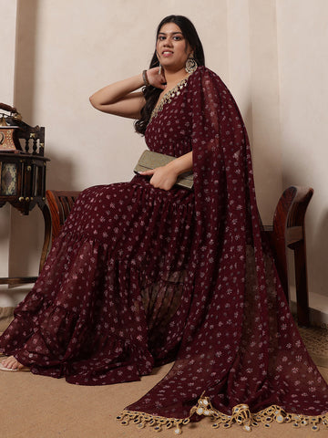 Wine Floral Dobby Printed One Shoulder Tiered Maxi Dress With Attached Dupatta For Women