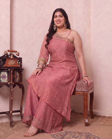 Pink Shimmer Crushed Butti Work One Shoulder Tunic With Palazzo Plus Size Indo Western Women Co-ord Set