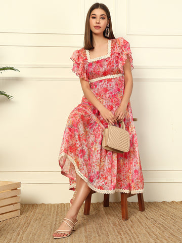 PINK FLORAL PRINTED TIERED ANKLE LENGTH WOMEN DRESS