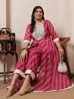 Magenta Pink Laheriya Anarkali Tunic With Embroidered Neck Patch With Palazzo Pant Women Indo Western Women Co-Ord Set